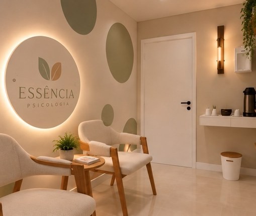 Recepção de clínica com logotipo iluminado e poltronas