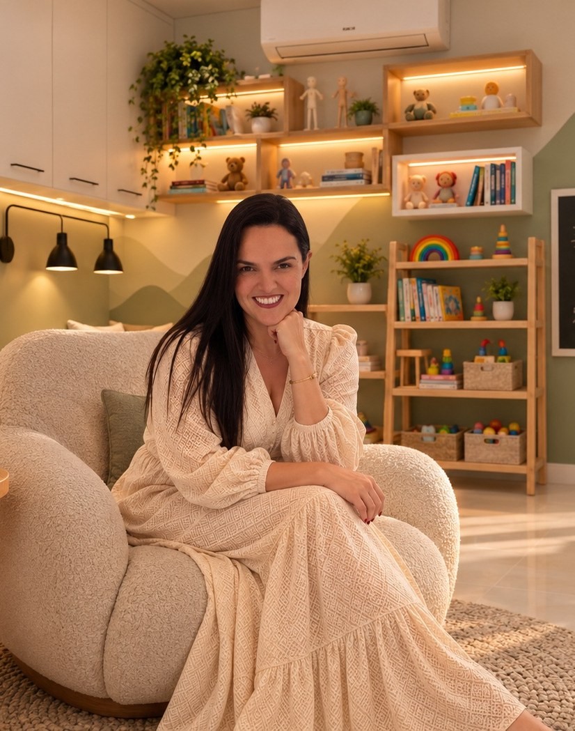 Dafne Sampaio sentada em uma poltrona em uma das clínicas que projetou