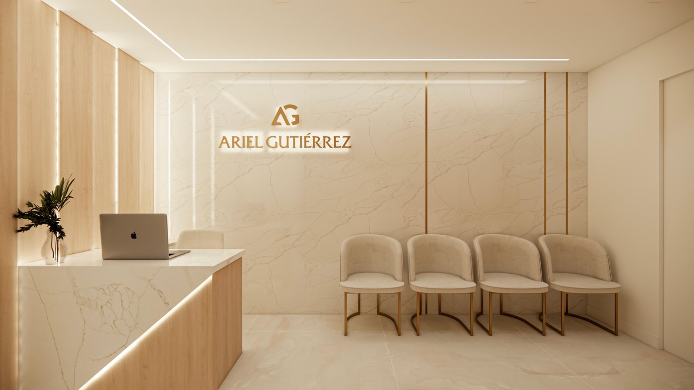 Recepção com logotipo iluminado sobre parede em pedra e poltronas