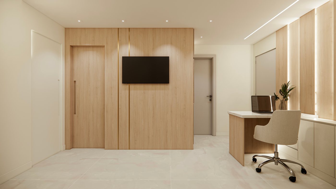 Painel em madeira com TV e porta de correr integrada