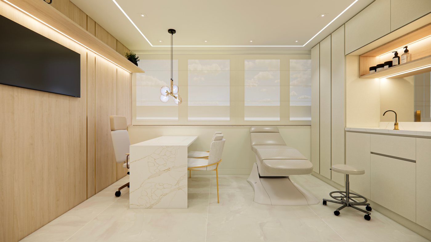Consultório com mesa em pedra, maca e iluminação linear