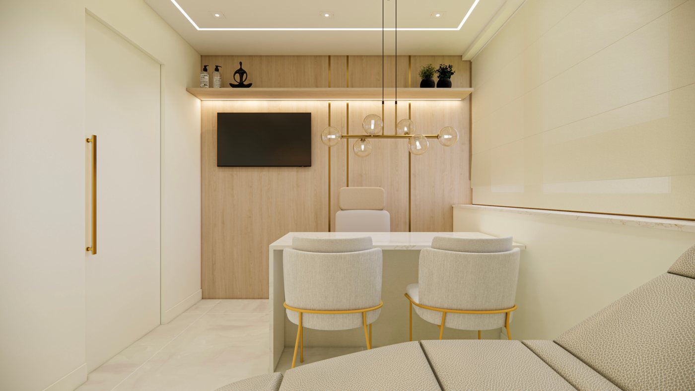 Mesa de atendimento com pendente e prateleira iluminada
