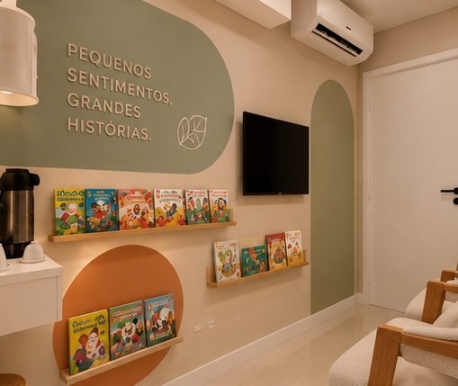 Recepção com livros e frase na parede
