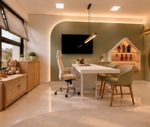 Consultório com mesa de atendimento e nicho em forma de casa