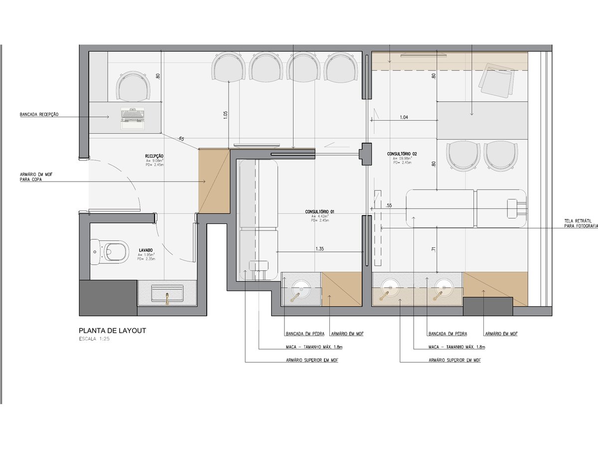 Planta de layout da clínica com recepção, dois consultórios e lavabo